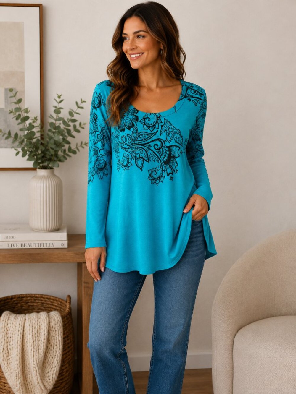 Kristine L Turquoise Paisley Rhinestone Tunic Top Boho Y2K Long Sleeve